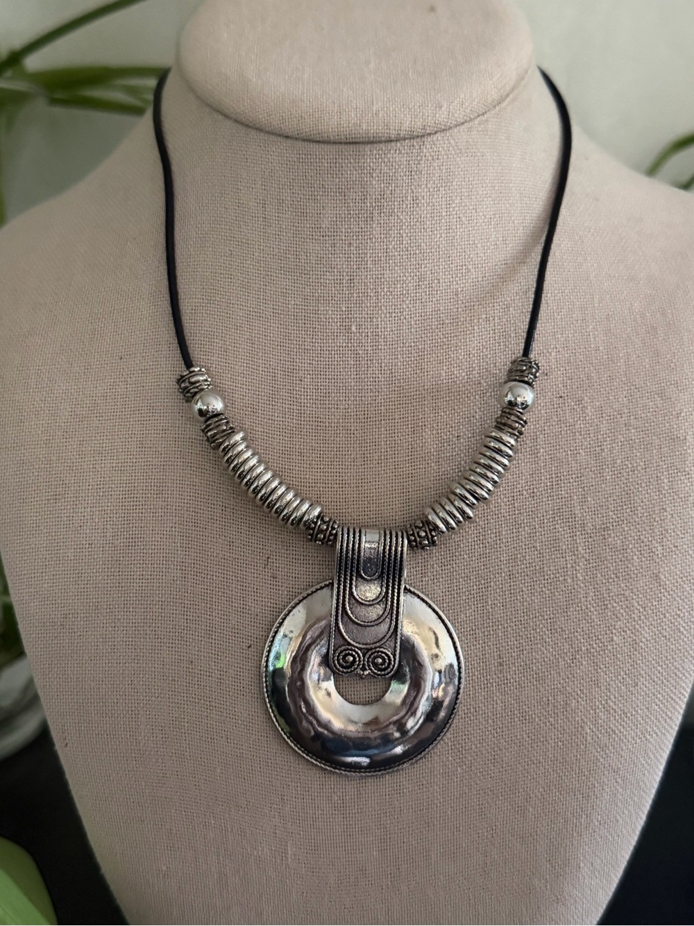 Vintage Silver Chrome Leather Cord Statement Pendant Necklace